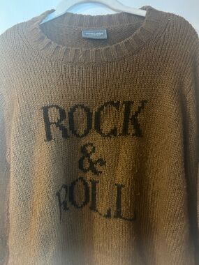 Wooden Ships Brown Crewneck Sweater with Black 'Rock & Roll' Graphic